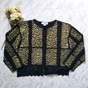 SMH Boutique Leather Panel Eyelet Knit Long Sleeve Fabric Button Jacket Size S